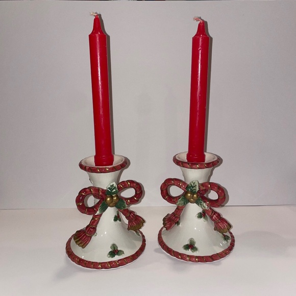 1990s Fitz & Floyd Christmas Bow Ceramic Candlestick Holder (without candles) - Picture 1 of 10